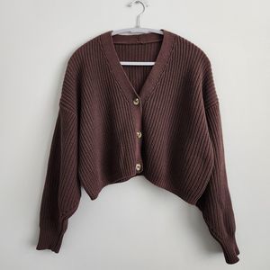 Los Angeles Apparel Fisherman Cropped Chunky Cardigan in Chocolate Brown